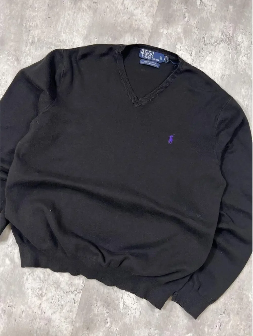 Polo Ralph Lauren Pima Cotton V-Neck Sweater Black Quiet Luxury Purple Pony